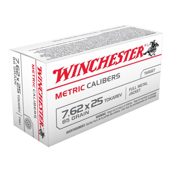 Winchester 7.62x25mm Tokarev 85gr FMJ Handgun Ammo - 50 Rounds
