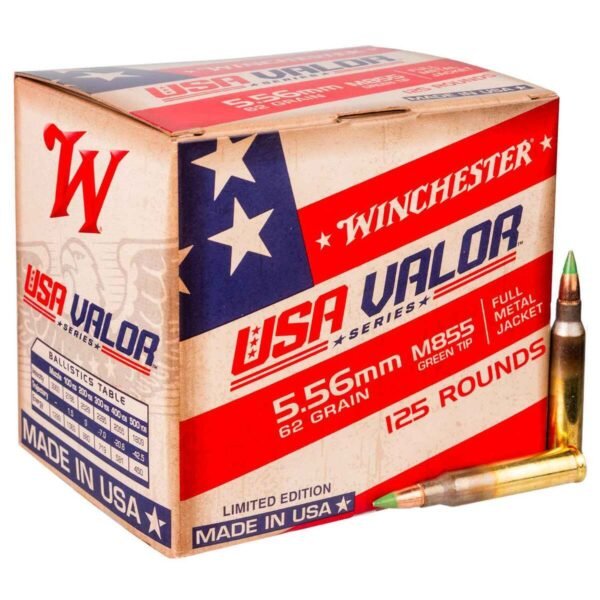 Winchester USA Valor 5.56mm NATO 62gr FMJ Rifle Ammo - 125 Rounds