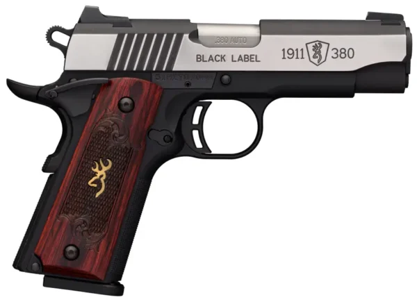 Browning 1911 Black Label Medallion Compact 380 Auto (ACP) 3.63in Matte Black Stainless Neo-Classical American Engraved Steel Pistol - 8+1 Rounds