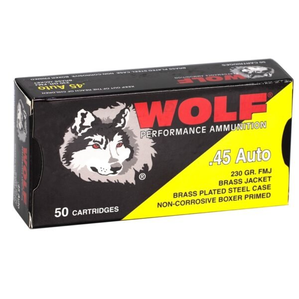 45 ACP Ammo 230gr FMJ Wolf Performance Brass Plated Steel Case 50 Round Box