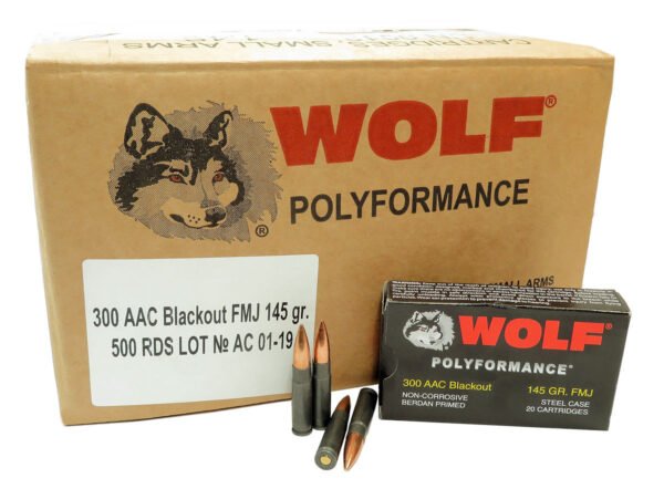 300 AAC Blackout Ammo 145gr FMJ Wolf Polyformance 500 Round Case