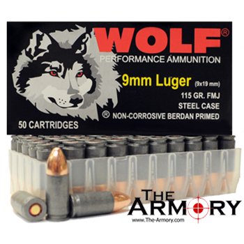 9mm 9x19 Ammo 115gr FMJ Wolf Performance 1000 Round Case